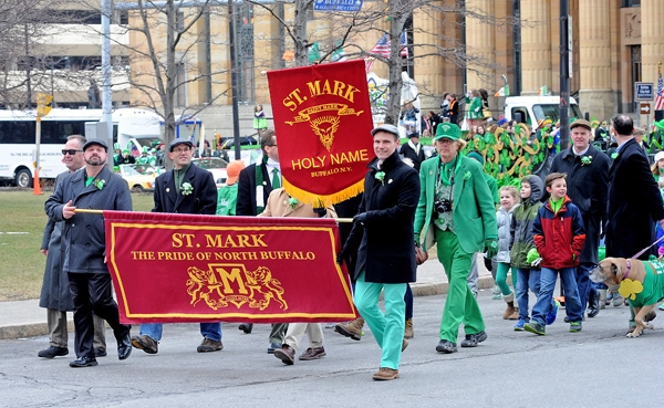 Parents and students from St. Mark School in North Buffalo march north on Delaware Avenue during the annual St. Patrick's Day Parade. (Dan Cappellazzo/Staff Photographer)